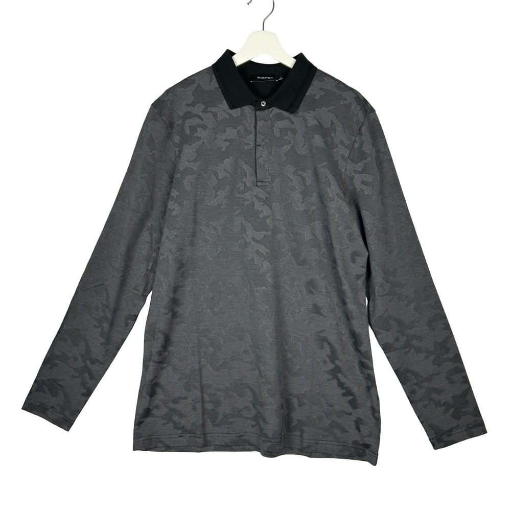 Bugatchi Polo Shirt Mens Large Camo Grey Graphite  Mercerized Cotton Long Sleeve